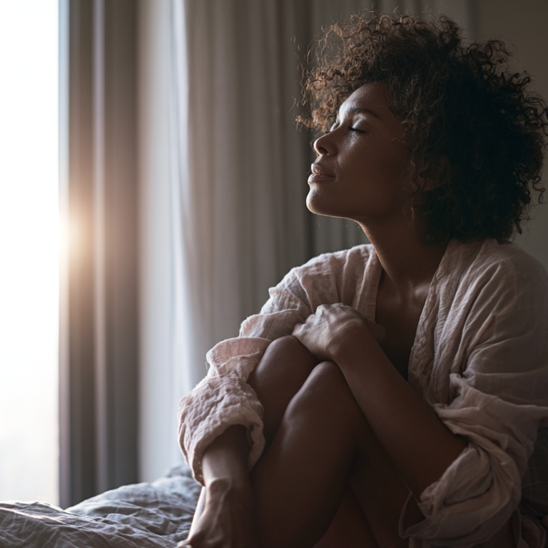 Young woman with curly hair sits on a bed by a sunlit window, knees drawn, eyes closed in peaceful rest.