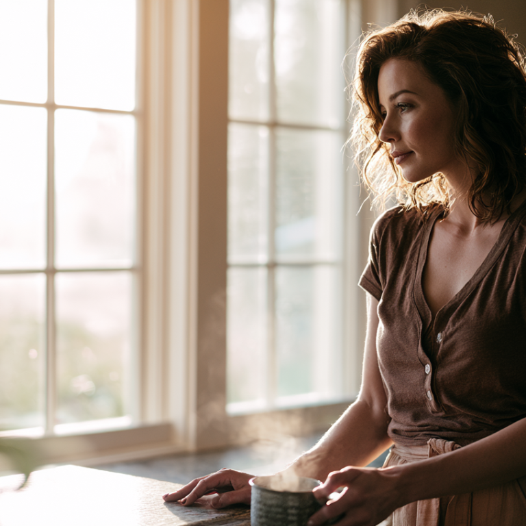 Woman standing at a sunlit kitchen window, holding a mug and gazing thoughtfully to the side.