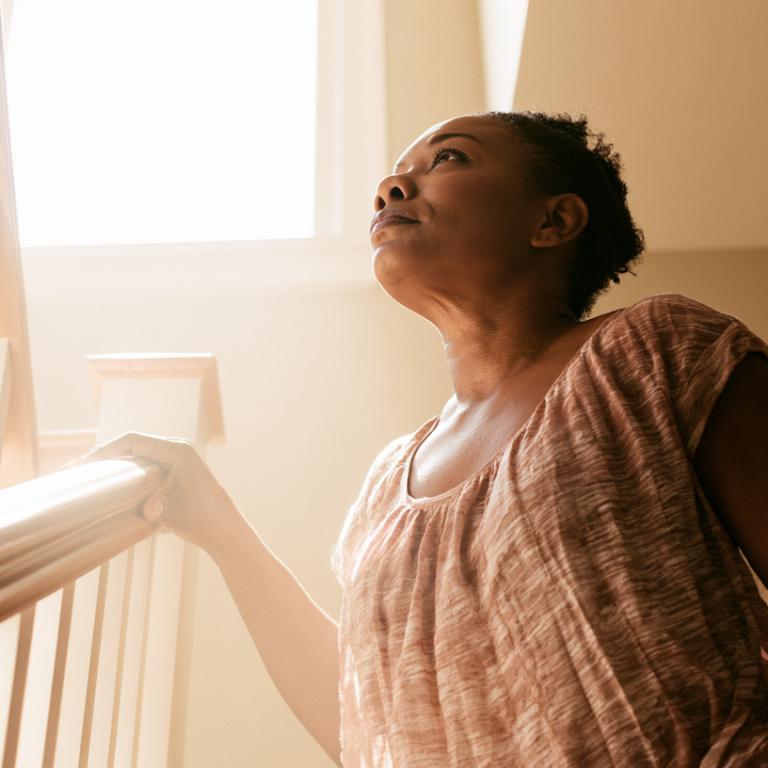 Woman on a staircase, gripping the wooden handrail and looking up toward a bright window.