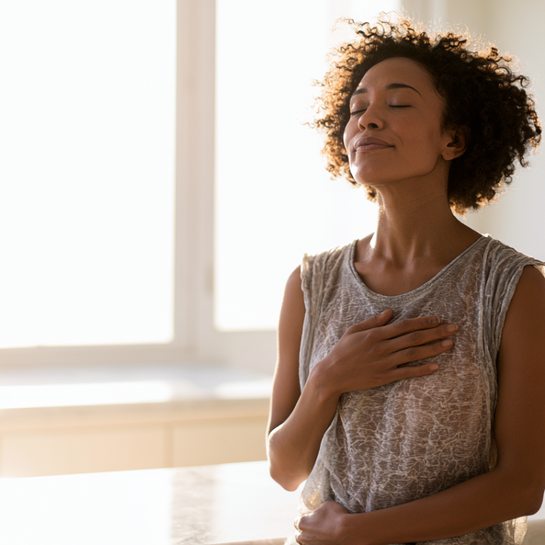 Woman with curly hair in a sleeveless top stands in a sunlit kitchen, eyes closed, hand on her chest in a moment of calm.