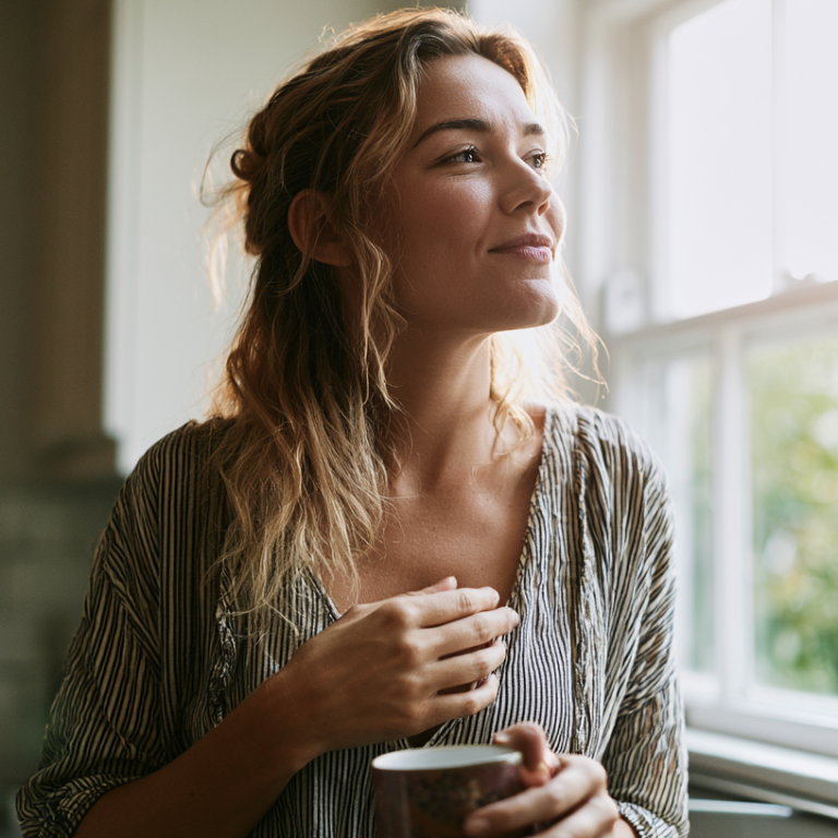 Woman standing by a sunlit window, holding a mug and gazing thoughtfully ahead.