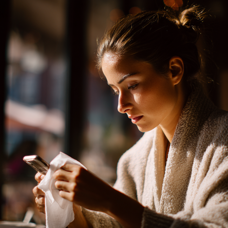 Young woman in a cozy robe, bathed in warm light, scrolling on her phone by a sunlit window
