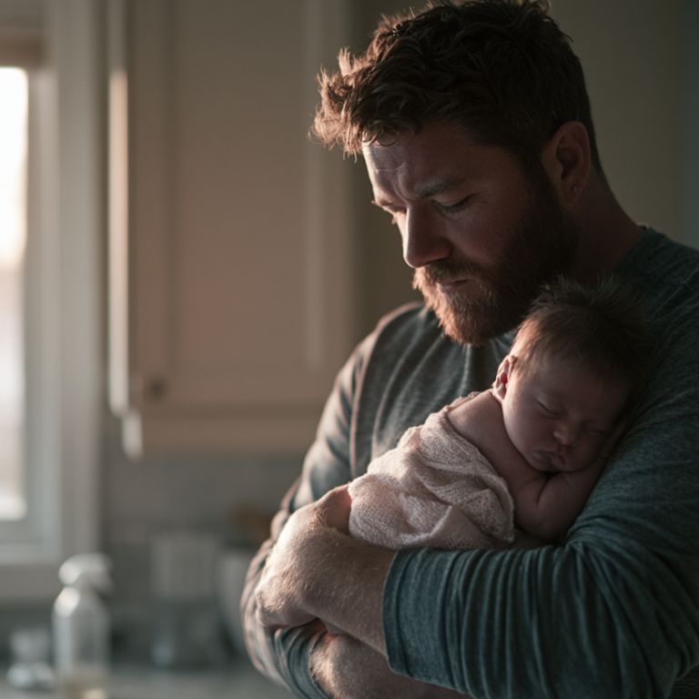 Bearded man tenderly cradles a sleeping newborn in a sunlit kitchen window. (informative)