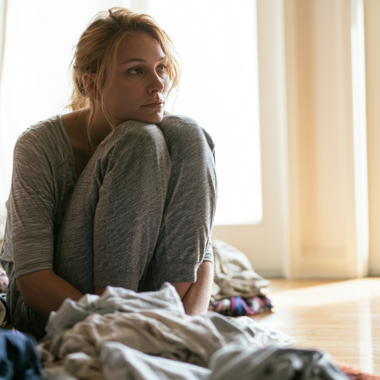 Woman sits on the floor among a pile of laundry, gazing pensively toward a sunlit window, looks tired or overwhelmed by chores.