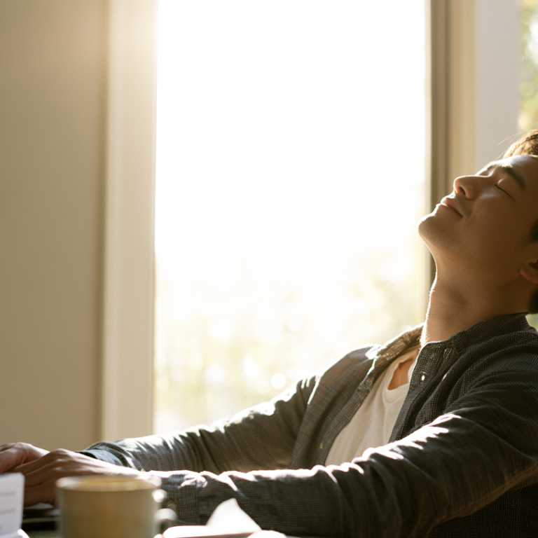 Man seated at a desk with a laptop, eyes closed and head tilted back as sunlight pours through a large window behind him.