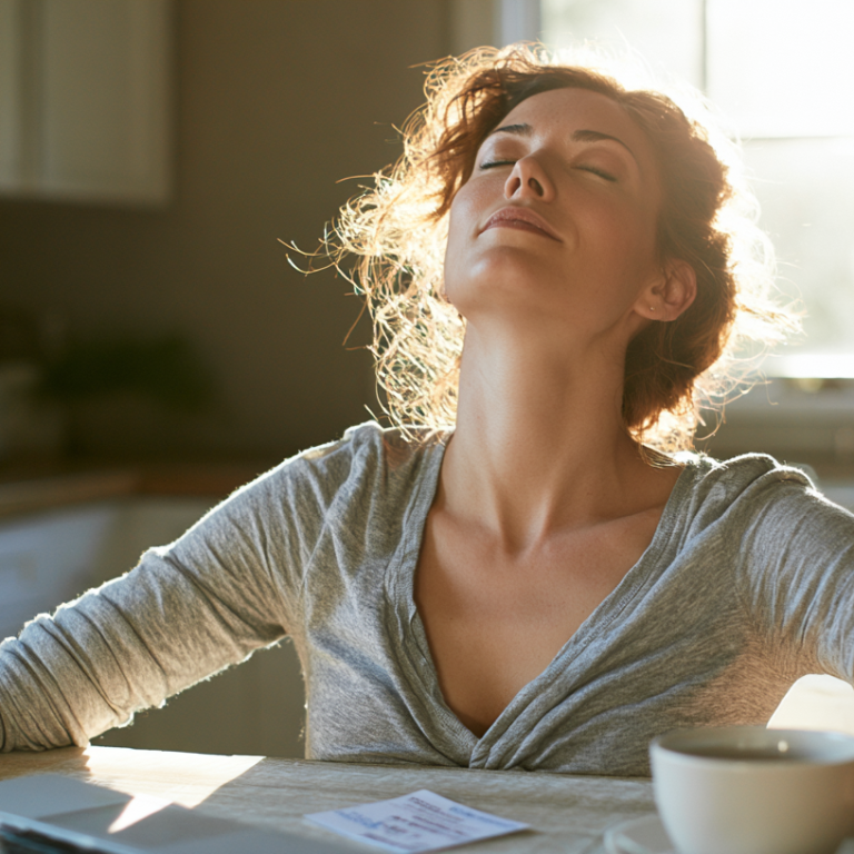 Woman sits at a kitchen table with eyes closed, soaking up sunlight."