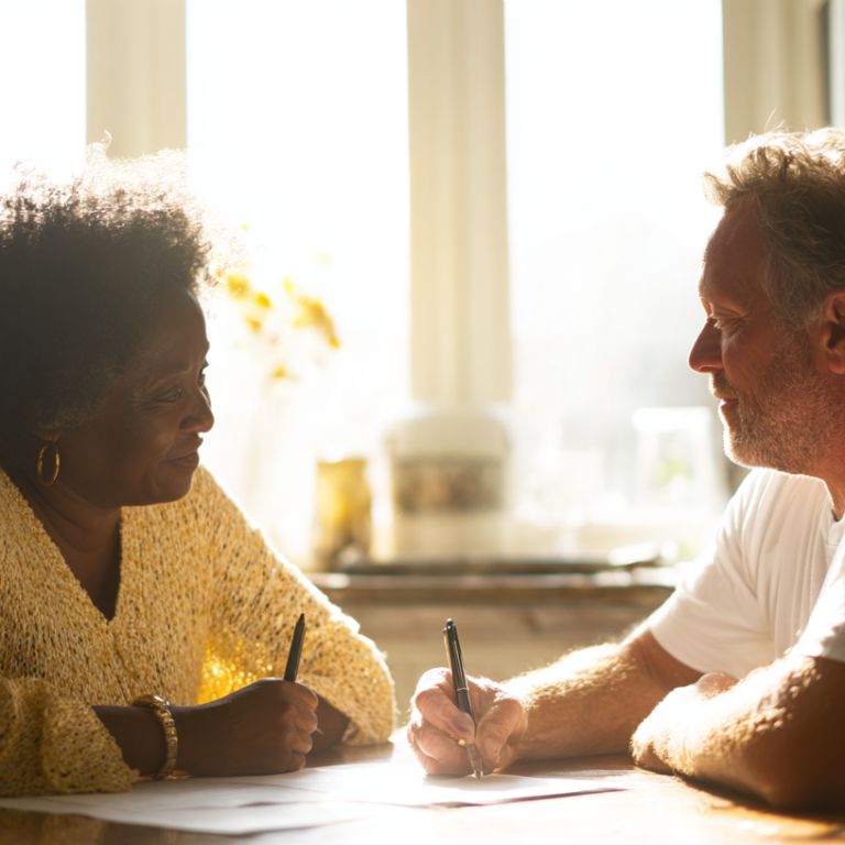 Two adults sit at a sunlit kitchen table, signing papers with pens and smiling at each other.
