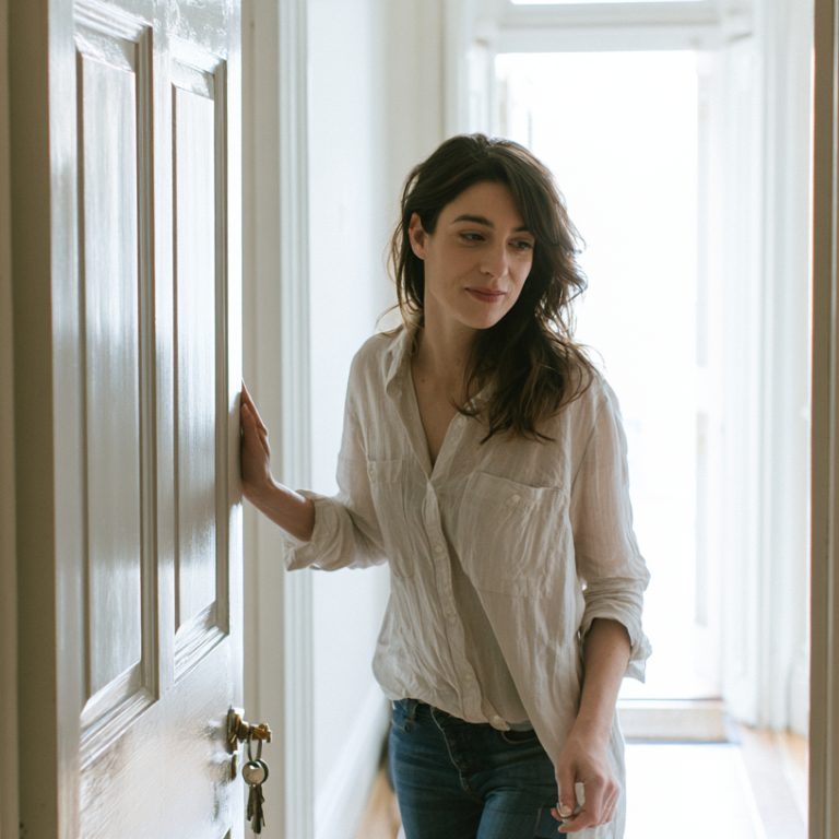 Woman in a light blouse and jeans stands in a doorway, hand on the door frame, smiling in a sunlit hallway.