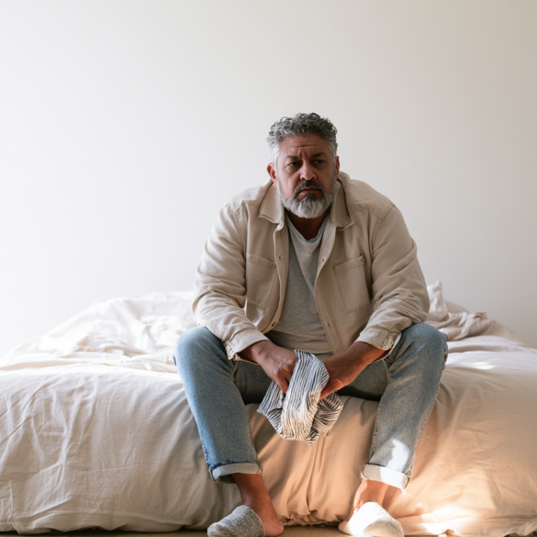 Man with gray beard sits on the edge of a bed in a bright, minimalist bedroom, holding a striped cloth and looking thoughtful.