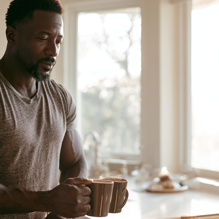 A man in a gray T-shirt stands in a sunlit kitchen, holding two mugs by a window.