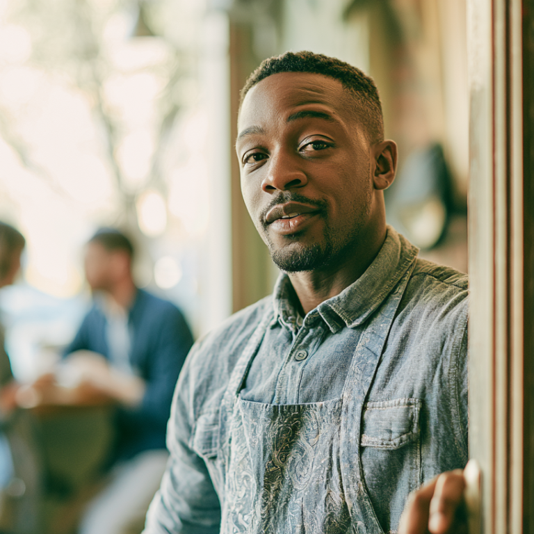 Man in a denim shirt leans against a cafe doorway, with blurred customers chatting in the background.