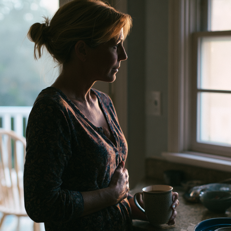 Side-profile of a woman in a patterned shirt standing by a kitchen counter, holding a mug and looking toward a window.
