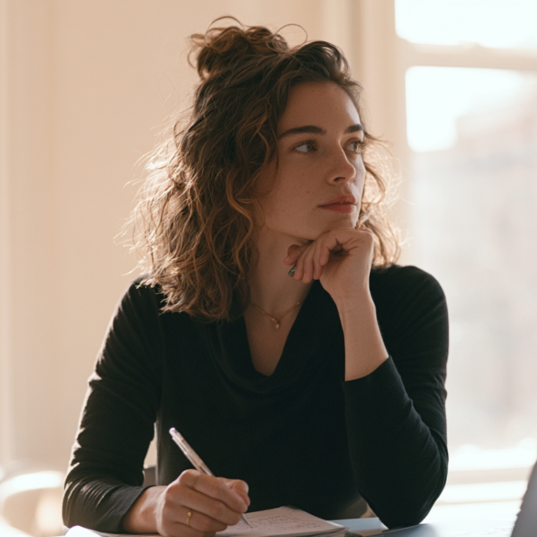 Woman seated at a desk, writing in a notebook while resting her chin, laptop beside her in a sunlit room.