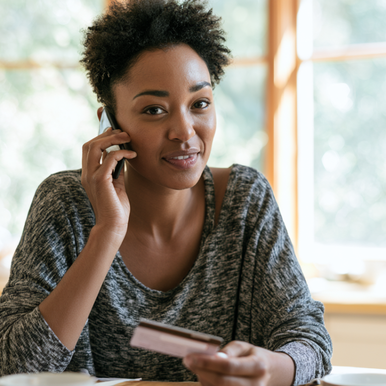 Woman with short natural hair on a phone call, holding a credit card at a bright kitchen table.
