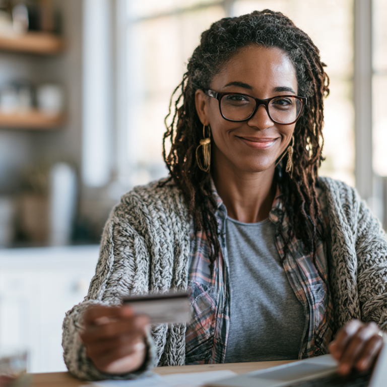 Smiling woman with glasses sits at a sunny kitchen table using a laptop and holding a credit card, shopping online.