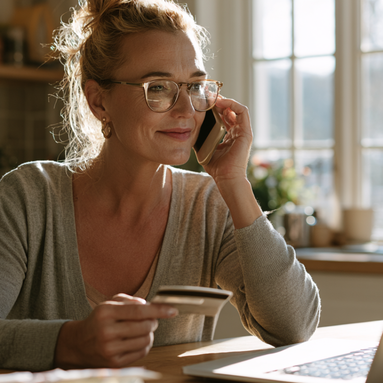 Woman wearing glasses on a phone call at a sunlit kitchen table, holding a credit card near a laptop.