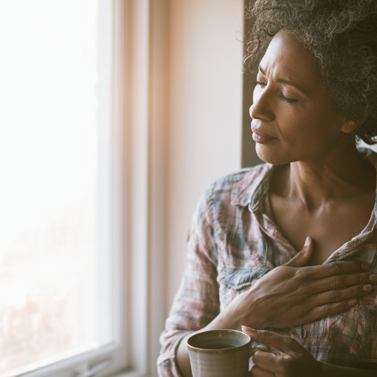 Woman with short curly hair stands by a sunlit window, one hand on her chest and a mug in the other, looking thoughtful.