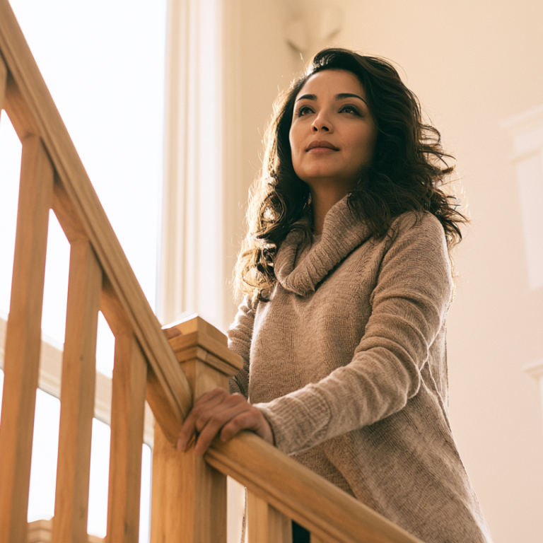 Woman standing on a wooden staircase in a sunlit, airy home, looking contemplative.