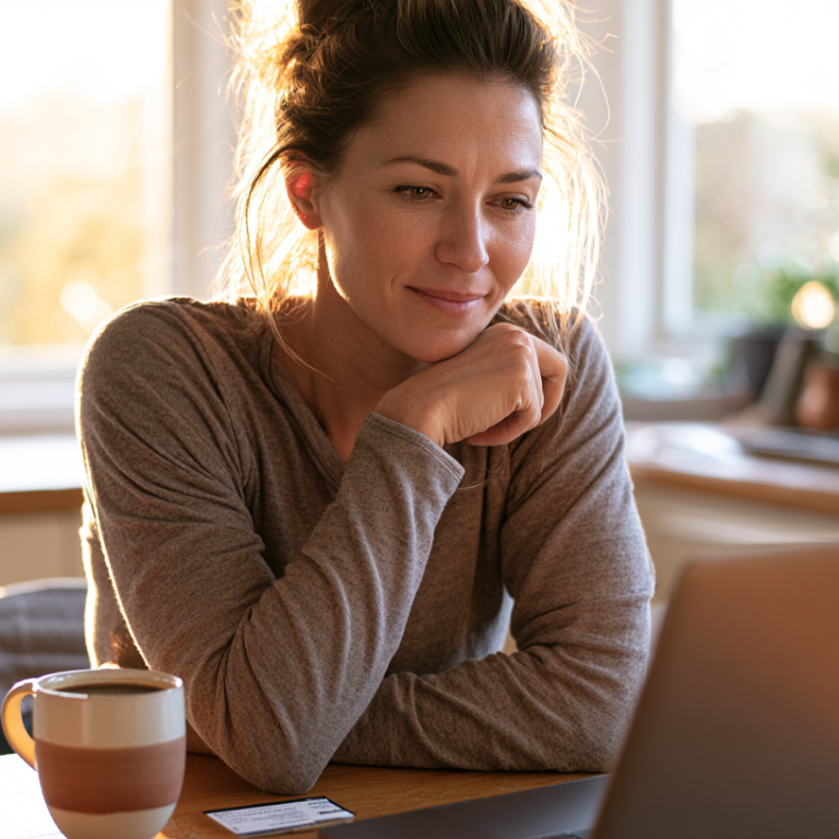 Woman sits at a wooden kitchen table, resting her chin on her hands while looking at a laptop screen in warm morning light.