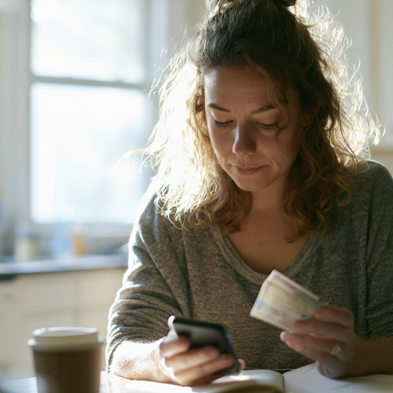 Woman at kitchen table looking at her phone while holding a credit card and a notebook, sunlight streaming in.