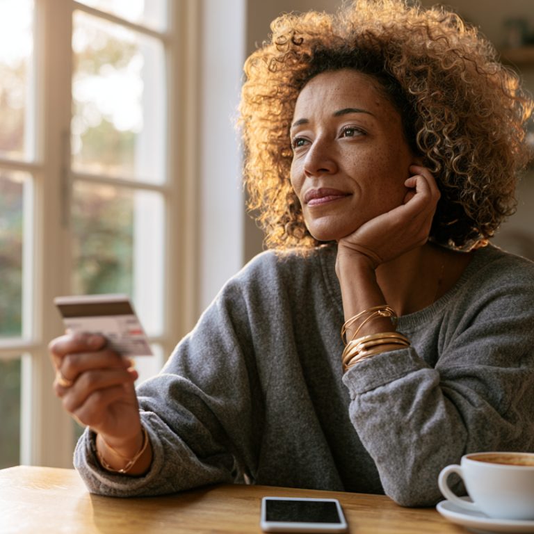Woman with curly hair sits at a sunlit kitchen table, holding a credit card and looking thoughtful.