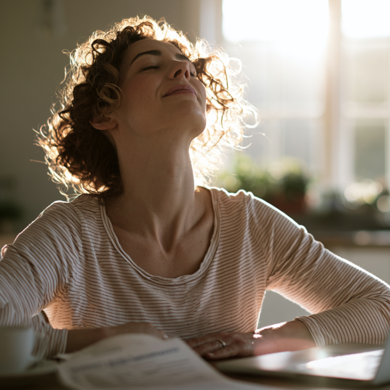 Woman sits at a sunlit kitchen table, eyes closed, smiling as she leans back beside a laptop and newspaper to start her day.