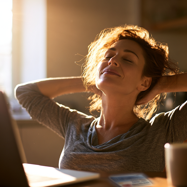 Woman sitting at a laptop in a sunlit kitchen, eyes closed, smiling with hands behind her head.