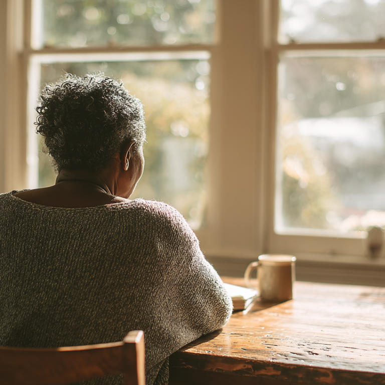 Older person with short curly gray hair sits at a wooden kitchen table by a sunlit window, facing away.