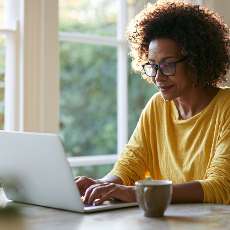Woman with curly hair and glasses working on a laptop at a sunlit kitchen table, with a mug nearby.