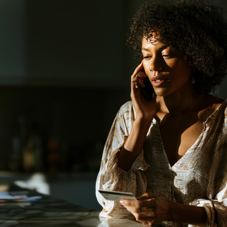 Woman with curly hair sits by a window, talking on her phone, holding a white card in her other hand as sunlight falls on her.