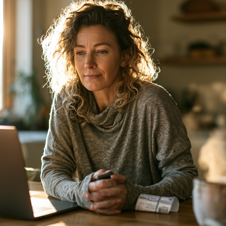 Woman sits at a sunlit kitchen table with a laptop, hands clasped, looking thoughtful as a medication bottle sits nearby.