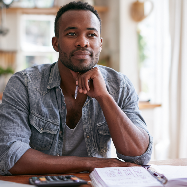 Man in a denim shirt sits at a wooden table in a bright kitchen, resting his chin on a pen and thinking.