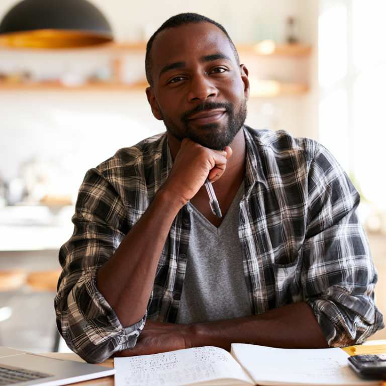 Man in a plaid shirt rests his chin on his hand at a desk with a laptop and notebook in a bright, casual workspace.