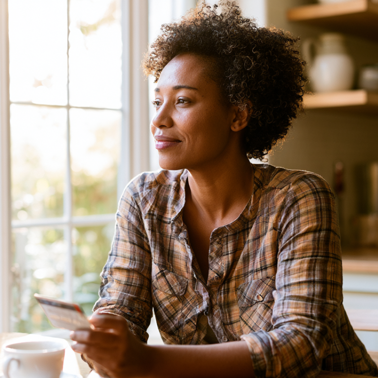 Woman sits at a sunny kitchen table, holding a credit card and looking thoughtful.