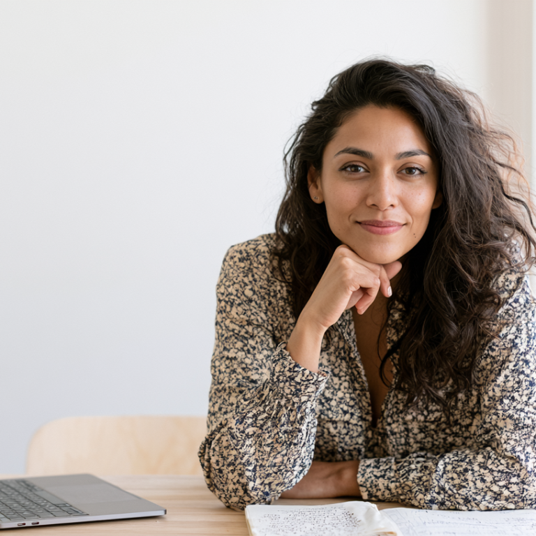 Woman with curly hair sits at a desk with an open laptop and notebook, resting chin on her hand and smiling in a bright room.