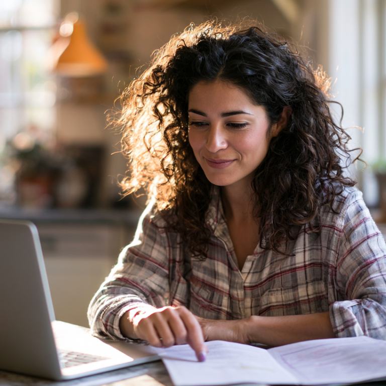 Woman studies at a sunlit kitchen island with a laptop and open notebook in front of her.