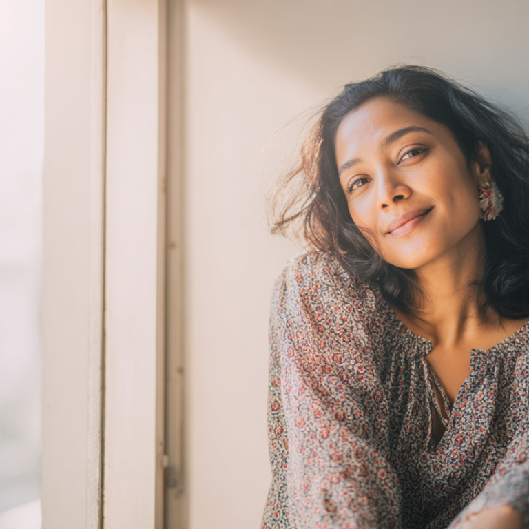 Portrait of a smiling woman with dark hair sitting by a sunlit window in a floral blouse with pink earrings.