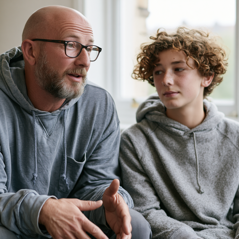 Man with glasses and beard talks with a teen boy in a gray hoodie indoors, sitting on a couch by a window.
