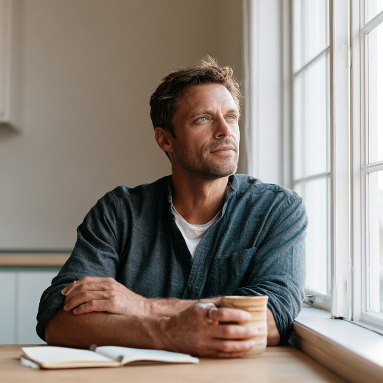 Man sits at a wooden table by a large window, holding a mug and looking out thoughtfully.