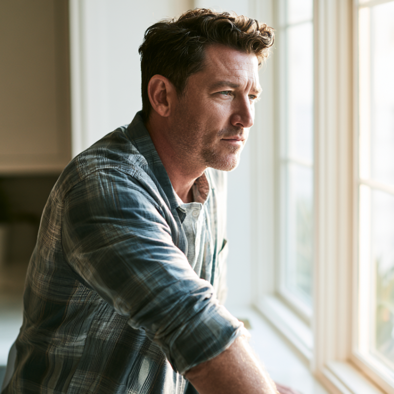 Man in a plaid shirt leans on a kitchen windowsill, gazing thoughtfully outside