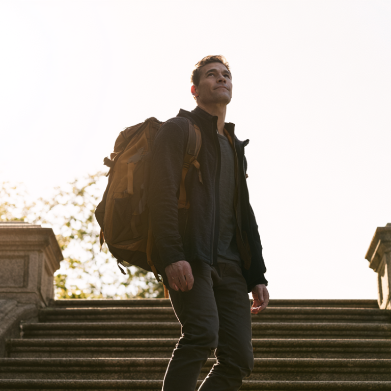 Man with a brown hiking backpack stands on stone steps outdoors, looking upward.