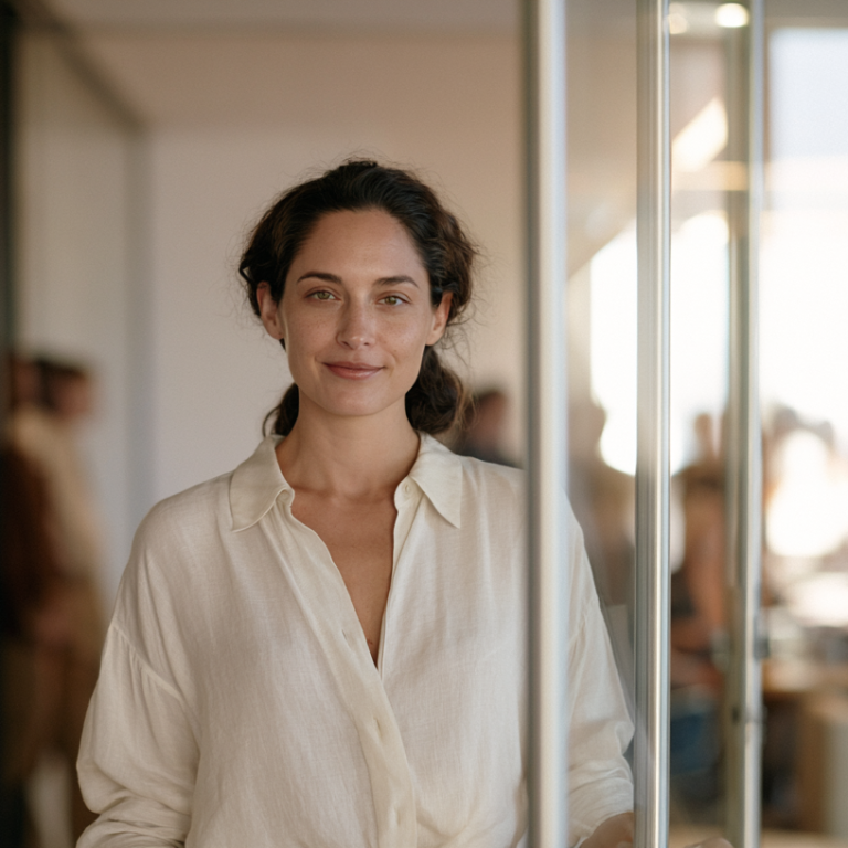 Woman in a light blouse stands in a bright, glass-walled office smiling at the camera.
