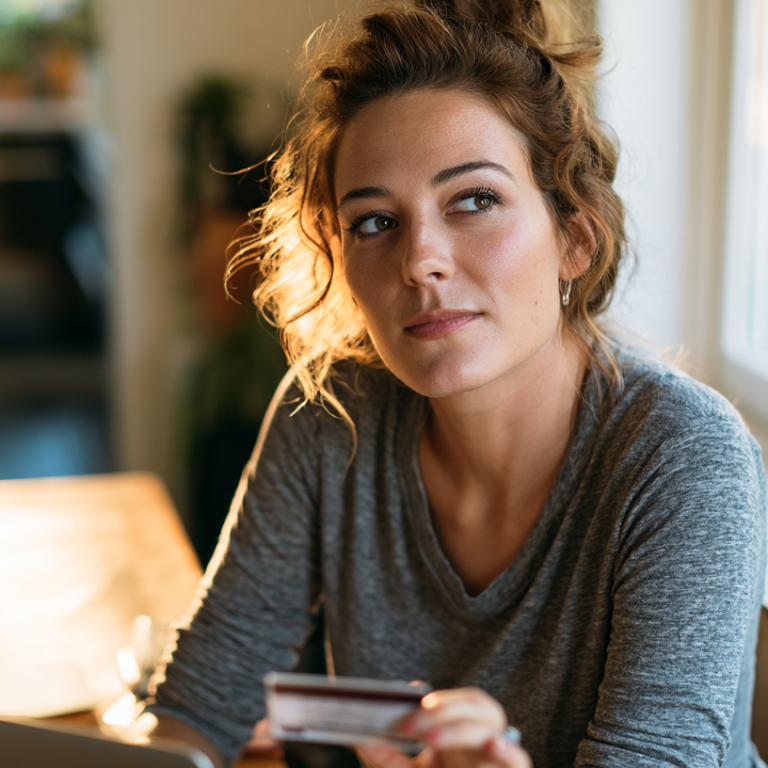 Woman sitting at a sunlit wooden table by a window, holding a credit card and looking thoughtful at her laptop.