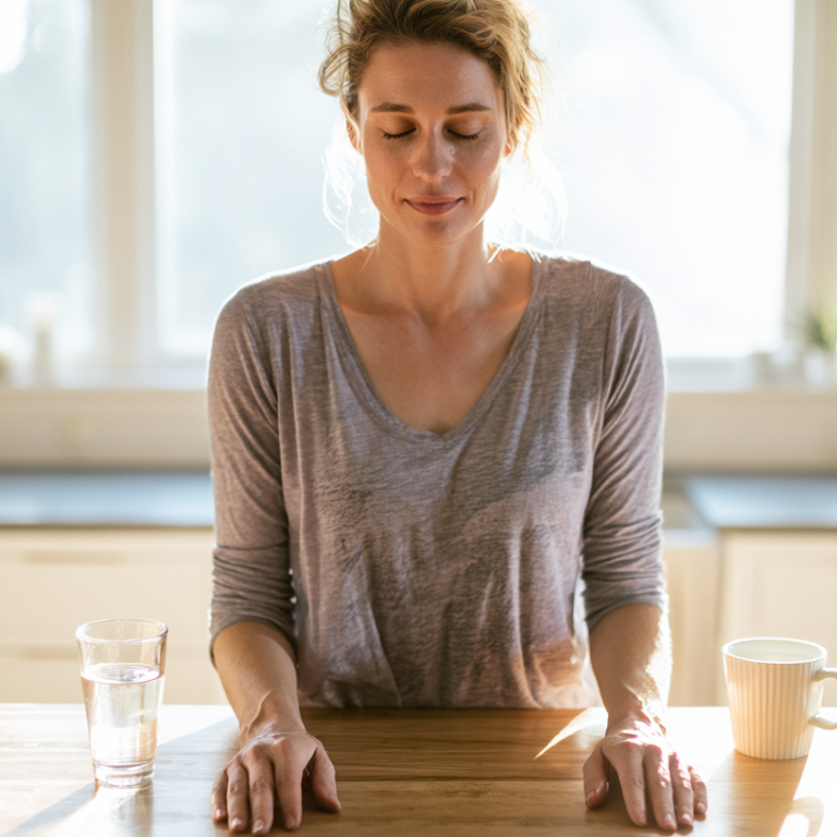 Woman with eyes closed standing at a kitchen island, hands resting on the table, with a glass of water and a mug nearby.