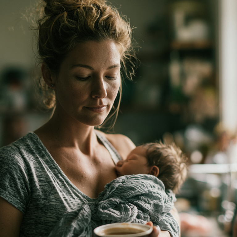 Mother gently holds a sleeping baby wrapped in a gray blanket in a sunlit kitchen by a window.