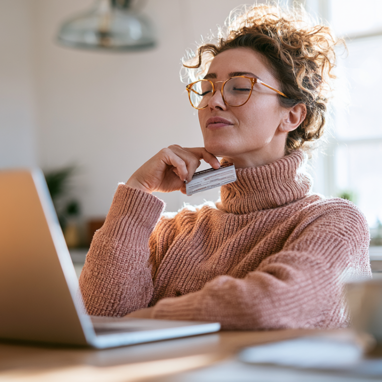 Woman with glasses in a pink knitted turtleneck sits at a wooden table, using a laptop in a sunlit kitchen, holding a card near her chin.