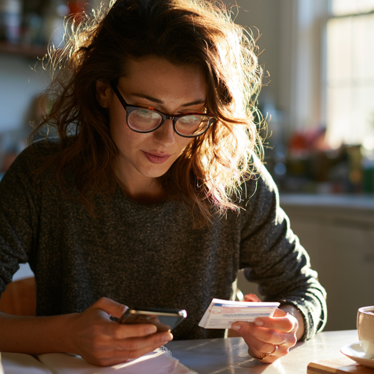 Woman with glasses sitting at a kitchen table, looking at her smartphone while holding a card, with a cup of coffee nearby.