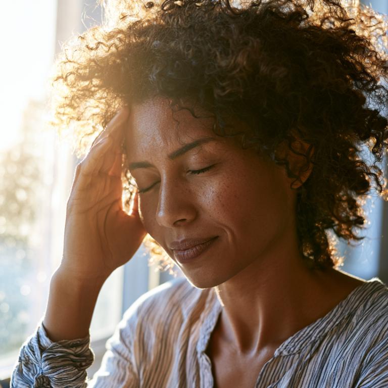Woman with curly hair rests her head on her hand by a sunlit window, eyes closed, a glass of water on the table nearby (soft morning light).