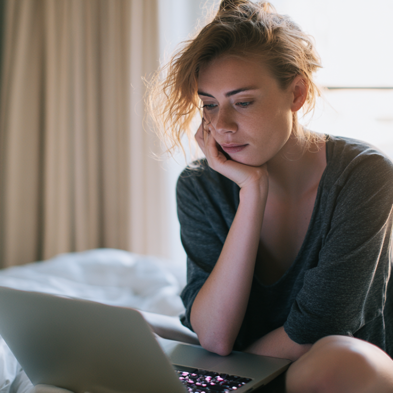 Woman sitting on a bed, resting her chin on her hand while using a laptop.