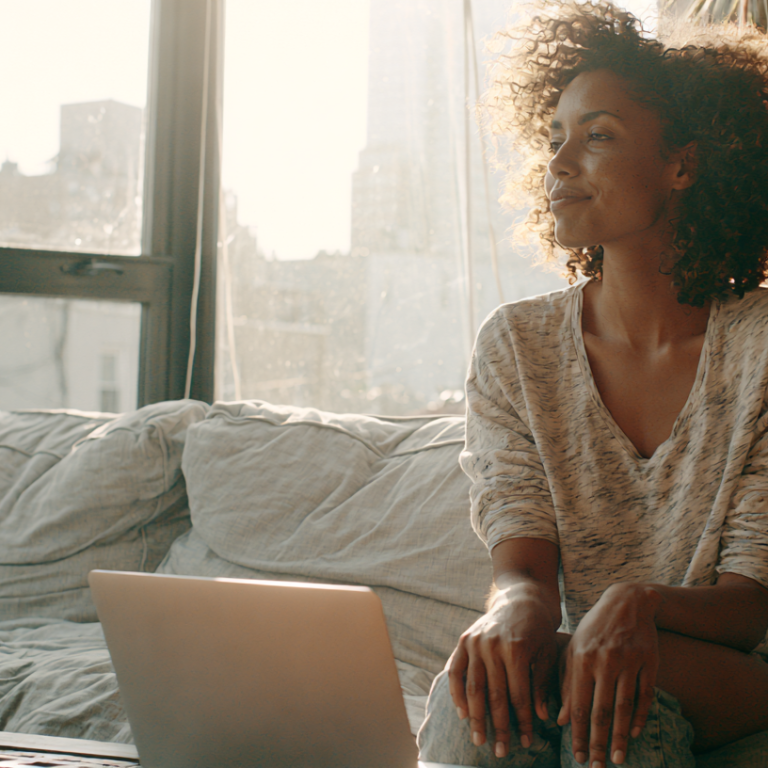 Woman with curly hair sits on a light gray sofa, working on a laptop as sunlight streams through a large window.